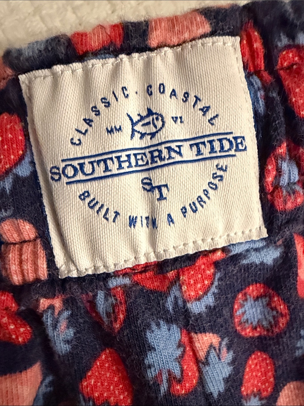 Southern Tide Navy Sleep Shorts with Pink Strawberry Motif - Picture 3 of 4